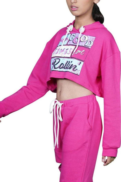 Crop top co-ord set with hoodie and graphic